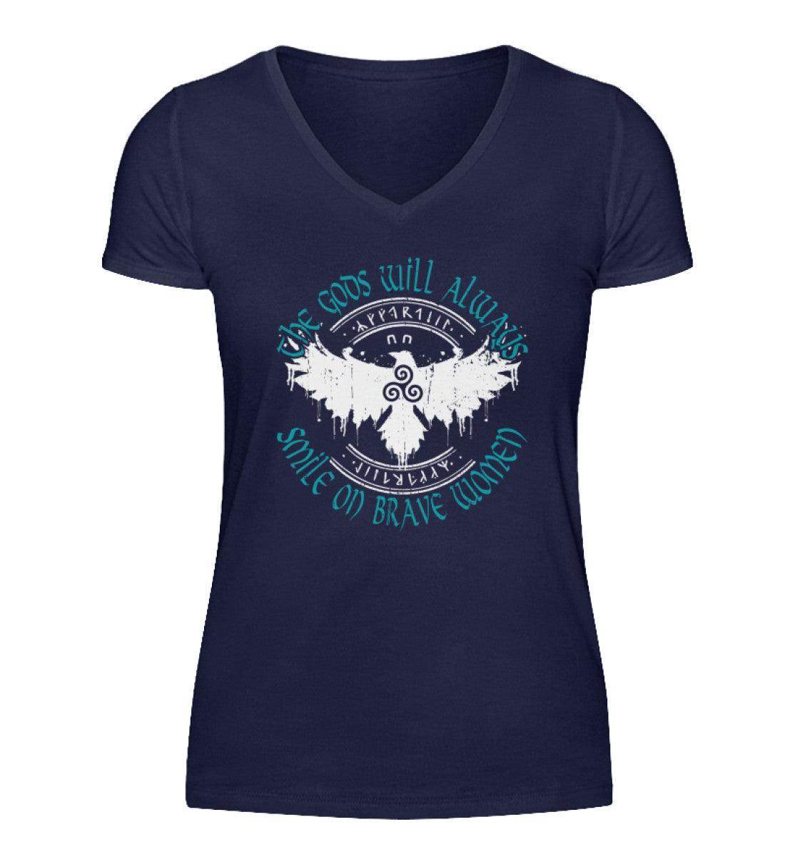 Navy blue Schildmaiden V-Neck with "The Gods Will Always Smile on Brave Women" text and Celtic Triskelion, eagle, and runes design