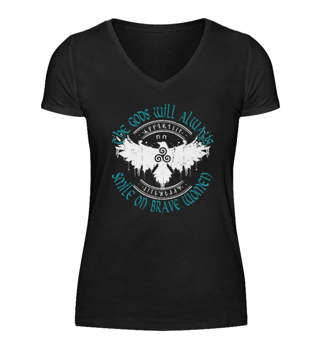 Black Schildmaiden V-Neck t-shirt with "The Gods Will Always Smile on Brave Women" quote, featuring a Celtic Triskelion, eagle, and runes design.