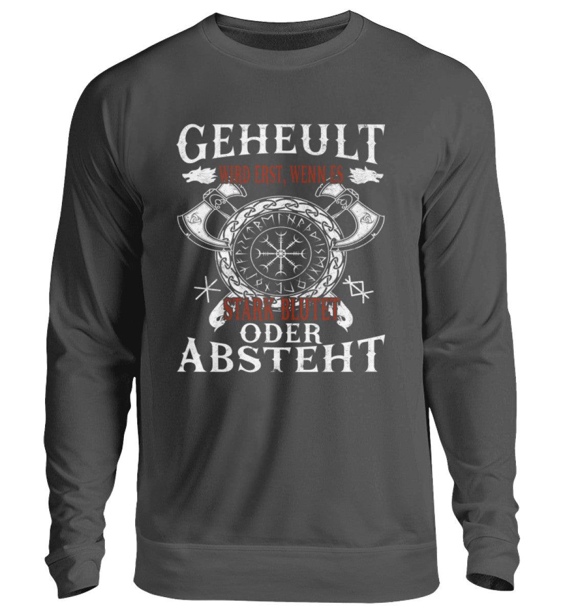 Lustiges Wikinger-Sweatshirt mit Helm of Awe-Symbol und witzigem Spruch in deutscher Sprache, graues Design für Humor und Stolz.